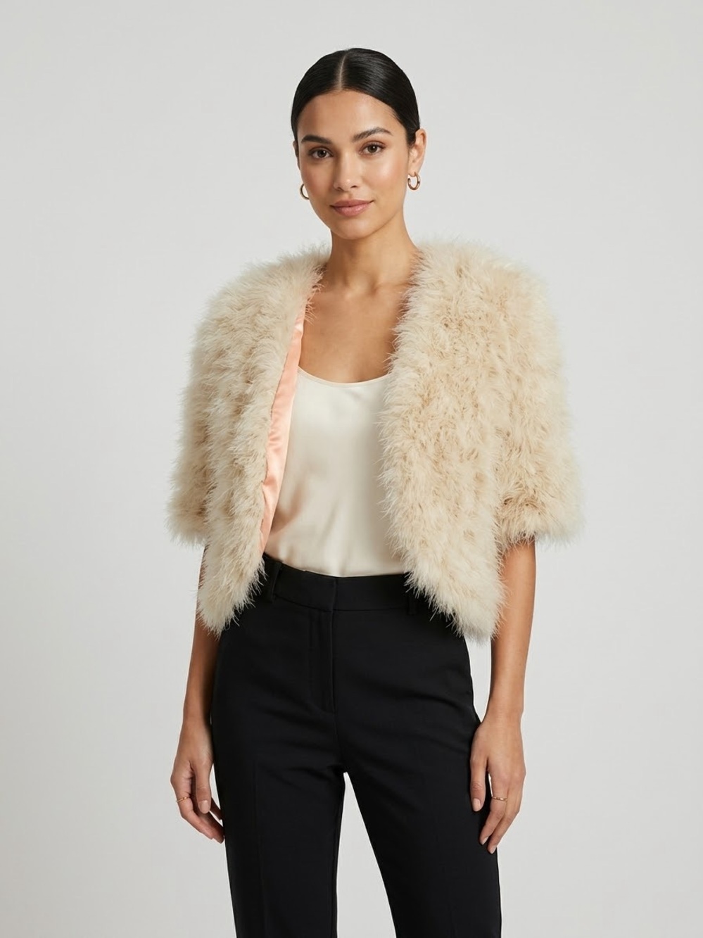 Beige/Cream Cropped Feather Jacket